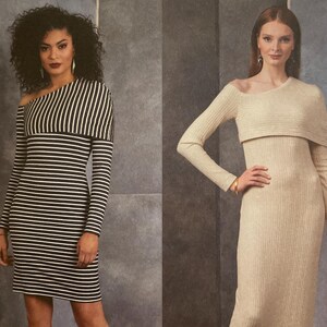 May include: Vogue Patterns sewing pattern featuring two dress designs. One dress is a black and white striped, off-the-shoulder style. The other is a long, beige, ribbed knit dress with an asymmetrical neckline. The pattern includes sizes Y5 (18-20-22-24-26).