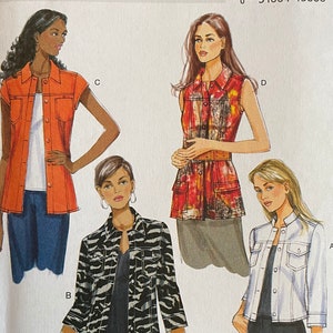 May include: A Butterick sewing pattern, B5616, featuring illustrations of four different jacket styles. The jackets include a sleeveless orange vest, a patterned vest, a black and white zebra print jacket, and a white jacket with three-quarter sleeves.