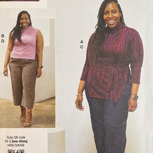 May include: A sewing pattern titled "knowME" by Mimi G, size M1 (10-12-14-16-18). The cover features photos of a woman modeling different outfits. The pattern includes a QR code for a sew-along video tutorial. Designed and printed in the USA.