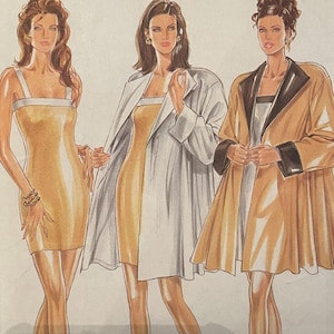 May include: A sewing pattern for three different dresses. The pattern is from New Look and has the number 6714 on it. The dresses are all sleeveless and have a simple, elegant design. The first dress is a short, fitted dress with a scoop neck. The second dress is a longer, flowing dress with a V-neck. The third dress is a short, A-line dress with a scoop neck.