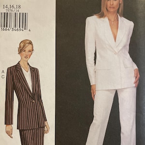 May include: A vintage sewing pattern for a woman's suit. The pattern features illustrations of two suit styles: a pinstripe suit and a white suit. The pattern number is 7578, and the size range is 14, 16, and 18.