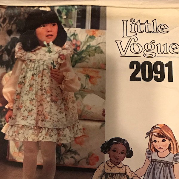 Vogue 2091 Pattern CUT Complete 1970s Vintage Toddler Girl's Long Gathered Sleeve or Ruffled Cap Dress Yoke and Peter Pan Collar SIze 3  IL