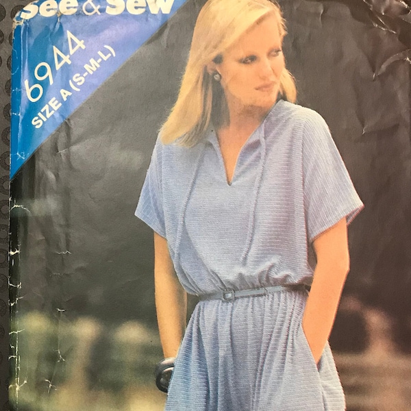 See & Sew 6944 Pattern UNCUT 1980s Loose Fitting Blouson Bodice Dress Short Sleeves Keyhole Front Pockets Knee Length Size S M L MN