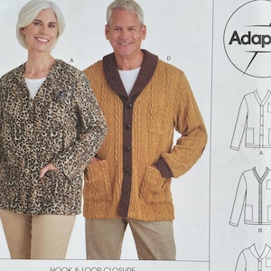 May include: Simplicity sewing pattern S9488 for adaptive jackets. The pattern includes sizes XS-XL. The image shows a woman in a leopard print jacket and a man in a cable knit jacket. The pattern is easy-to-sew and designed in the USA.