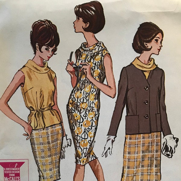 McCalls Pattern UNCUT 1960s Slim Knee Length Dress or Blouse with Bias Roll Collar Skirt and Button Front Jacket Below Hip Size 10 Bust 31