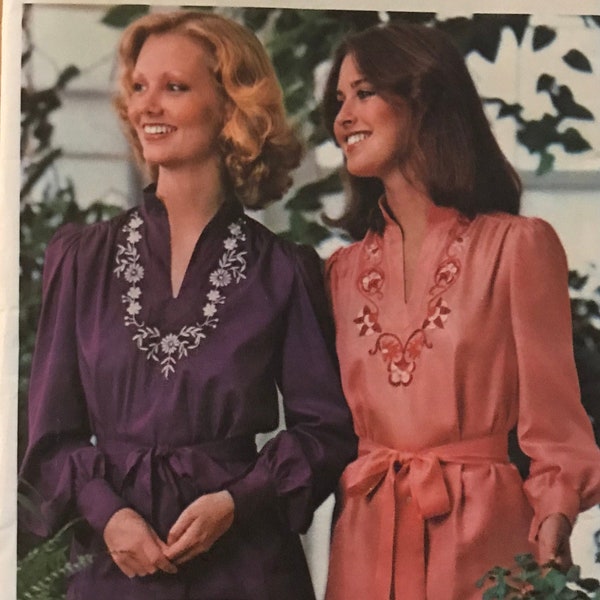 Butterick 4508 Pattern UNCUT 1970s Vintage Slash Front Neck Blouse Standing Collar Flower Embroidery Long Gathered Sleeves Self Belt Size 14