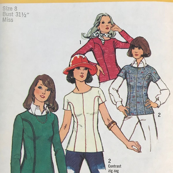 Simplicity 6548 Pattern CUT Complete MN 1970s Stretch Knit Close Fitting Pullover Top with Princess Seams Long or Short Sleeves - Size 8
