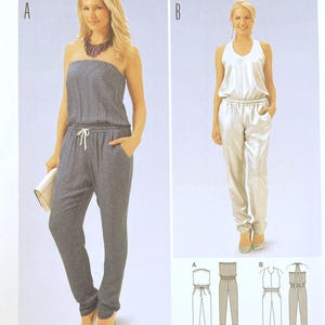 May include: A Burda Young 6657 sewing pattern envelope for a jumpsuit in sizes US 6-16. The front displays two variations: a strapless dark blue patterned jumpsuit and a sleeveless white jumpsuit with a V-neckline, both featuring elasticized waists.