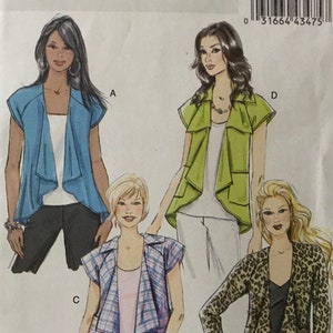 May include: A Butterick sewing pattern, B5498, featuring illustrations of four different jacket styles. The pattern includes a variety of designs, including a blue, green, plaid, and leopard print jacket. The pattern size range is 8-14.