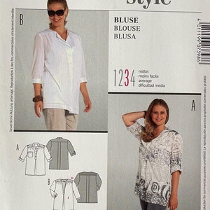Burda 7398 Pattern UNCUT Style Semi Fitted Blouse 3/4 Length Sleeve Button Front Top Yoke Below Hip Length Size 18 20 22 24 26 28 30 32 34