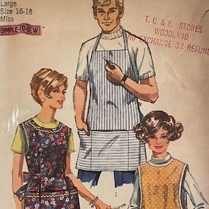 May include: A vintage sewing pattern for three aprons. The pattern is for sizes 16-18 and is labelled "Simple-to-Sew". The pattern includes a men's apron, a floral apron, and a polka dot apron.