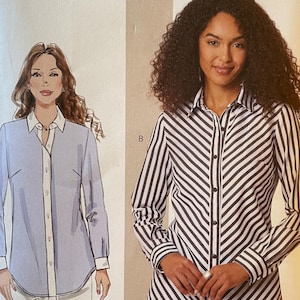 May include: A Butterick sewing pattern envelope, B7010, featuring illustrations of two button-down shirts. One shirt is light blue with white accents, and the other is black and white striped. The envelope indicates sizes K5 (8-10-12-14-16).