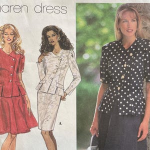 May include: Simplicity sewing pattern 9486 for a women's dress. The pattern features three different dress styles, including a red dress with a flared skirt, a white suit, and a black polka dot top with a long skirt. The pattern size is K-8,10,12.