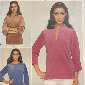 May include: A vintage sewing pattern for a timeless fashion top. The pattern is for a small size and includes three different styles. The pattern is from Butterick and has the number 4055.