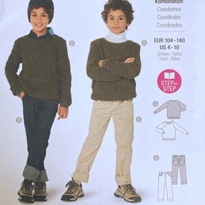May include: A Burda Kids sewing pattern envelope, number 9251, featuring illustrations of two outfits consisting of long-sleeved sweaters and trousers. The text includes sizing for US 4-10 and EUR 104-140, with diagrams showing garment construction details.