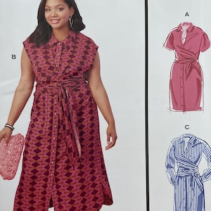 May include: McCall's sewing pattern M8286 featuring a woman wearing a button-down dress with a geometric pattern. The pattern includes multiple view options and is designed and printed in the USA.