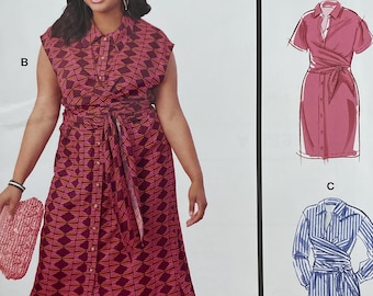 McCalls M8286 8286 Patrón SIN CORTAR Vestido camisero con lazo delantero Envolvente en la cintura Ajustado Mangas cortas y largas Cuello maxi hasta la rodilla Tallas 8-16 18-24 26-32