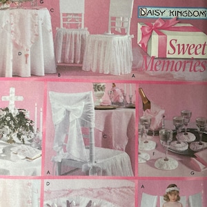 May include: A pink and white Simplicity home decorating pattern for special events. The pattern includes images of table settings, chair covers, and a young girl in a pink dress. The text on the pattern reads "Entertaining" and "Sweet Memories."