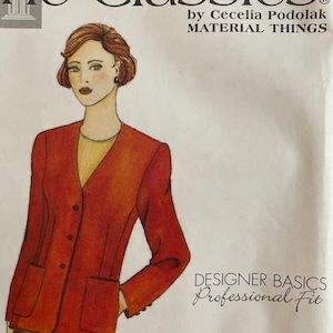 May include: A vintage sewing pattern titled "The Classics" by Cecelia Podolak. The pattern features an illustration of a red cardigan jacket with pockets. The text "Designer Basics Professional Fit" is also visible. The pattern is for Misses Sizes 12-24.