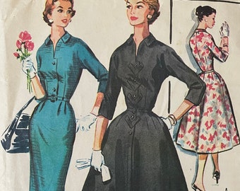 McCalls 3726 Pattern CUT Complete 1950s Vintage Button Front Dress 3/4 Sleeves Straight Wiggle Flared Skirt Midi Size 14.5 Bust 35