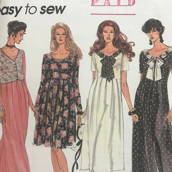 Simplicity 8824 Pattern CUT Complete 1990s Vintage Easy Scoop V Neck Raised Waist Dress Knee Midi or Jumpsuit Tea Length Pleats Size 6 8 10