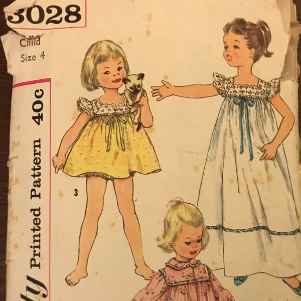 Simplicity 3028 Pattern CUT Complete 1950s Vintage LIttle Girl's Pajama Set Top Bloomers Maxi Length Nightgown Ruffled Cap Long Sleeve Size