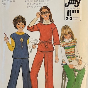 Simplicity 8122 Pattern UNCUT 1970s Vintage Girl&#39;s Jiffy Easy Scoop Neck Top Pullover Top Dropped Shoulders Belt Side Slits Pants Size 7 8