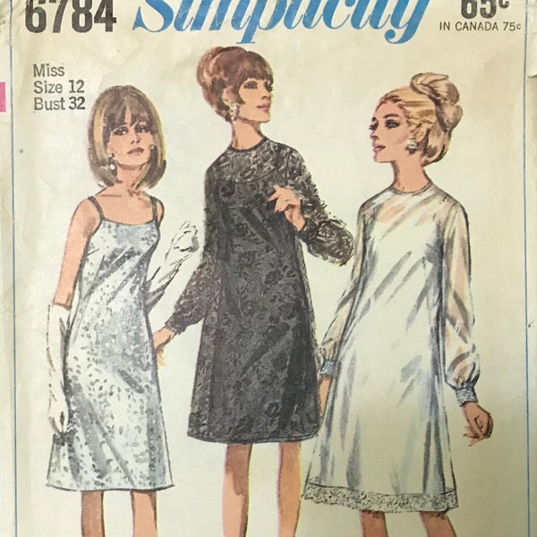 Simplicity 6784 Pattern CUT MISSING Shoulder Strape AND Facing 1960s Vintage A-Line Slip and Sheer Overdress Long Gathered Sleeve Size 12 32