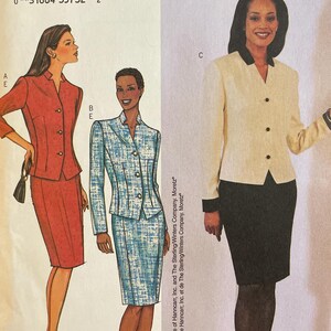 May include: Butterick sewing pattern 3638 featuring designs for women's suits. The pattern includes illustrations of a red suit, a blue patterned suit, and a cream-colored jacket with a black skirt. The pattern features Diahann Carroll.