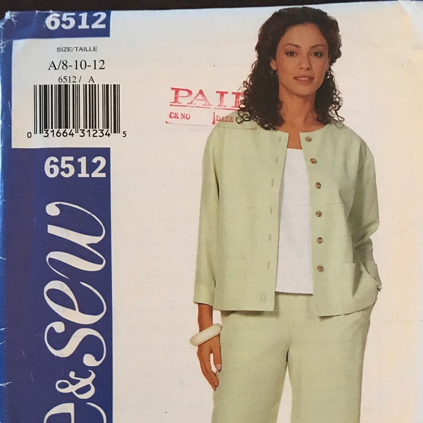 See & Sew 6512 Pattern UNCUT Easy Button Front Shirt Long Sleeves Pockets Sleeveless Top and Pull On Loose Fitting Pants Size 8 10 12