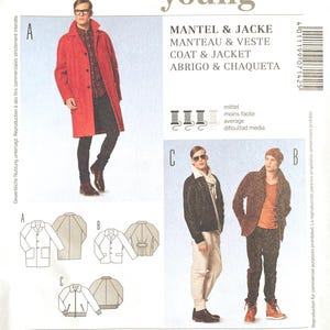 May include: A Burda Young 7142 sewing pattern envelope for a coat and jacket. The front displays illustrations of three garment styles labeled A, B, and C, with photographs of models wearing the finished pieces. Includes size charts and text.