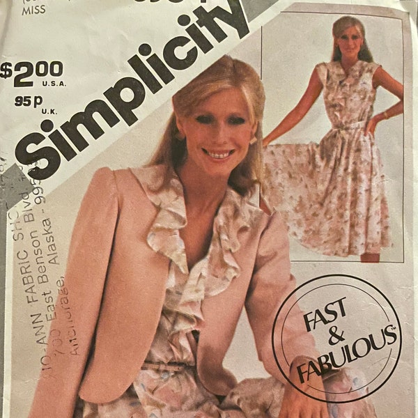 Simplicity 5364 Pattern UNCUT 1980s Fast and Fabulous Sleeveless Dress Ruffled Flounce Collar and Shaped Hem Jacket Size 8 10 12