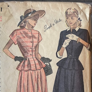 Simplicity 2321 Pattern CUT Complete 1940s Easy Two Piece Dress Button Front Top Peplum Pointed Collar 3/4 Short Sleeves Skirt Size 16