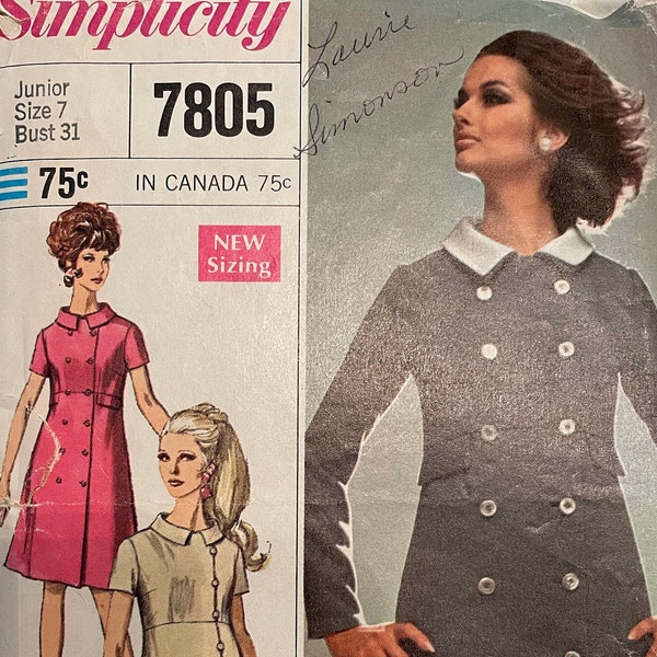 Simplicity 7805 Pattern CUT MIssing Welt 1960s Designer Fashion Double Breasted Asymmetric Coat Dress Raised Waist Flat Collar Size 7 VA