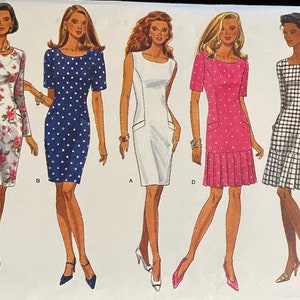 May include: A sewing pattern for five different dresses. The dresses are in various colors and patterns, including floral, polka dot, plaid, and solid colors. The pattern is from Butterick Classics and is size 6-8-10-12.