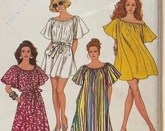 Simplicity 9209 Pattern UNCUT 1980s Jiffy Scoop Neck Trapeze Style Dress Short Flutter Sleeves Mini or Maxi Length Side Slit Size M L Xl XXL