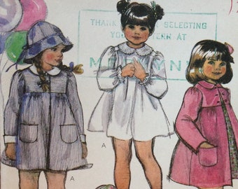 McCalls 7409 Pattern 1980s Vintage Toddler Girl's Knee Dress Jacket Peter Pan Collar Bucket Hat - Size Toddler 1 2 UNCUT Ca Or 3 Cut VA