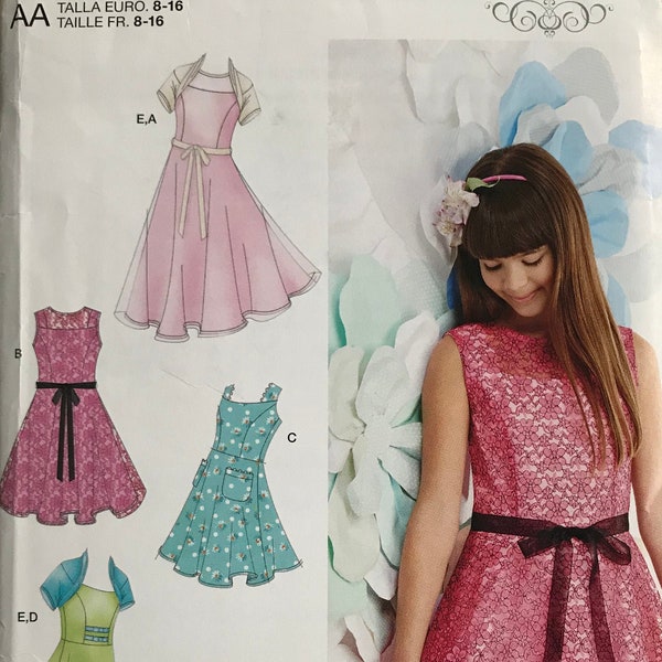 Simplicity S0163 0163 Pattern UNCUT Girl's Sleeveless Fit and Flair Dress with Princess Seams and Pockets Knit Shrug Size 8 10 12 14 16 MN