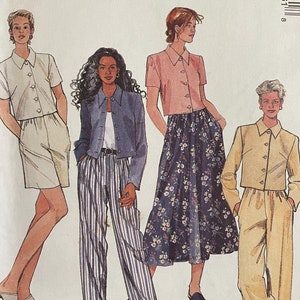 McCalls 8166 Pattern UNCUT 1990s Vintage Easy Button Front Unlined Jacket Pointed Collar Long Short Sleeve Pants Shorts Skirt Size 4 6 8