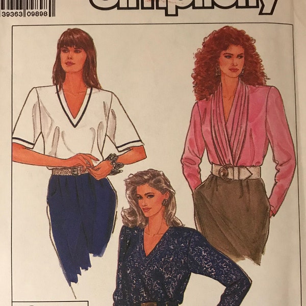 Simplicity 9524 Pattern UNCUT 1980s Easy to Sew Pullover Top V Neckline Long Half Sleeves Pleated Drape Size 6 8 10 12 14 16 18 20 22 24