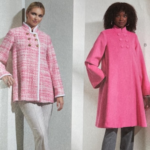 May include: Vogue Patterns sewing pattern featuring two coat designs. One is a pink tweed jacket with gold buttons, and the other is a bright pink coat with large buttons. The pattern size is A5 (6-8-10-12-14).