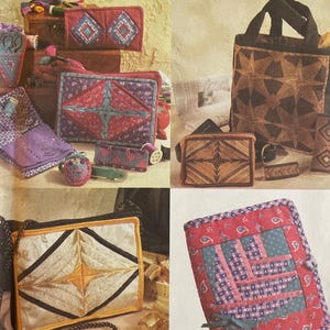 May include: Simplicity Crafts pattern showing quilted accessories. The image displays handmade items like purses, wallets, and a tote bag, all with geometric designs and a mix of colours. The pattern number is 7045.