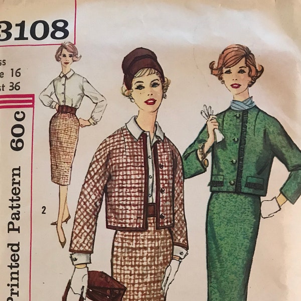 Simplicity 3108 Pattern CUT Complete 1960s Suit Set Kimono Sleeve Jacket Slim Pencil Skirt Button Front Blouse Pointed Collar Size 16 36 MN
