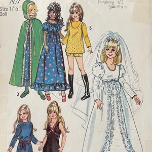 May include: A vintage Simplicity sewing pattern for a doll, featuring four different outfits. The pattern is for a 17 1/2 inch doll and includes a green cape, a blue and white dress, a yellow and white dress, a black jumpsuit, and a white wedding dress. The pattern number is 9698 and the year is 1971.