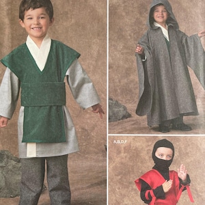 May include: Simplicity sewing pattern number 1037, easy-to-sew, for sizes 3-8. The pattern includes three different costumes: a green and white robe, a gray hooded cloak, and a black and red ninja outfit.