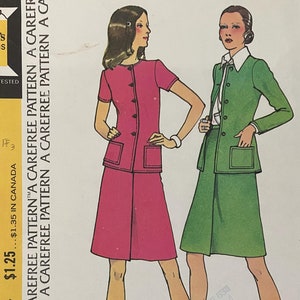May include: A vintage sewing pattern for a women's suit. The pattern is for a two-piece suit with a skirt and a jacket. The pattern is for sizes 10-32 1/2. The pattern is from McCall's and the pattern number is 3591. The pattern is for a 'Carefree' style.