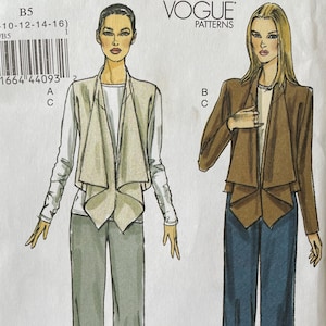 May include: A sewing pattern for a jacket with two different styles. The pattern is from Vogue Patterns and is called "Very Easy". The pattern number is V8756 and the size is B5 (8-10-12-14-16).
