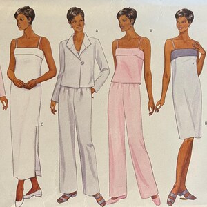 May include: A sewing pattern for a dress and trousers. The pattern is for sizes 12-14-16. The pattern is from Butterick, a brand of sewing patterns.