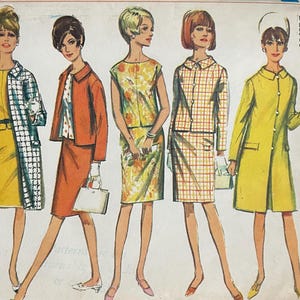 May include: Vintage Simplicity sewing pattern featuring six illustrated women in 1960s fashions. The cover showcases various outfits, including dresses, suits, and coats in vibrant colors. The pattern is for Misses Size 16, Bust 36.