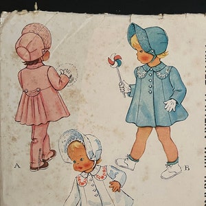 May include: A vintage McCall's sewing pattern for a toddler's coat, bonnet and leggings. The pattern is printed on a white background with illustrations of children wearing the garments. The pattern number is 1582 and the size is 1. The pattern is for yellow or blue fabric.